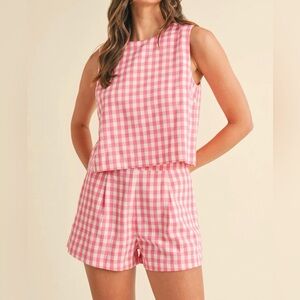Pink Gingham Sleeveless Top and Shorts Set